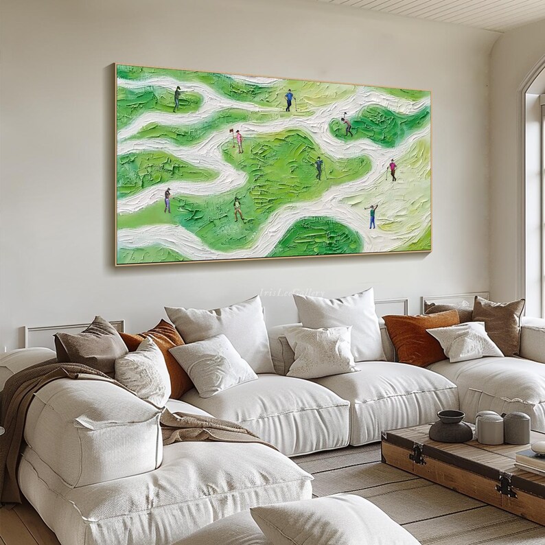 May include: Abstract painting of a golf course with green and white colors.  The painting features a textured, brushstroke style and depicts people playing golf on the course.