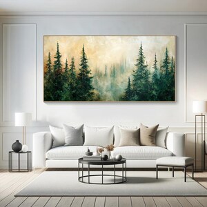 Puede incluir: Una pintura que representa una escena de bosque con altos &aacute;rboles verdes y un fondo brumoso. La pintura est&aacute; realizada en estilo acuarela y tiene un toque suave y et&eacute;reo.
