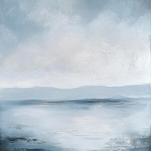 May include: Abstract painting of a landscape with a blue sky, mountains, and a body of water. The painting is done in shades of blue and white.