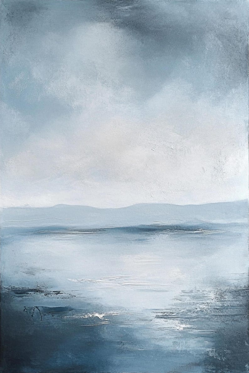 May include: Abstract painting of a landscape with a blue sky, mountains, and a body of water. The painting is done in shades of blue and white.
