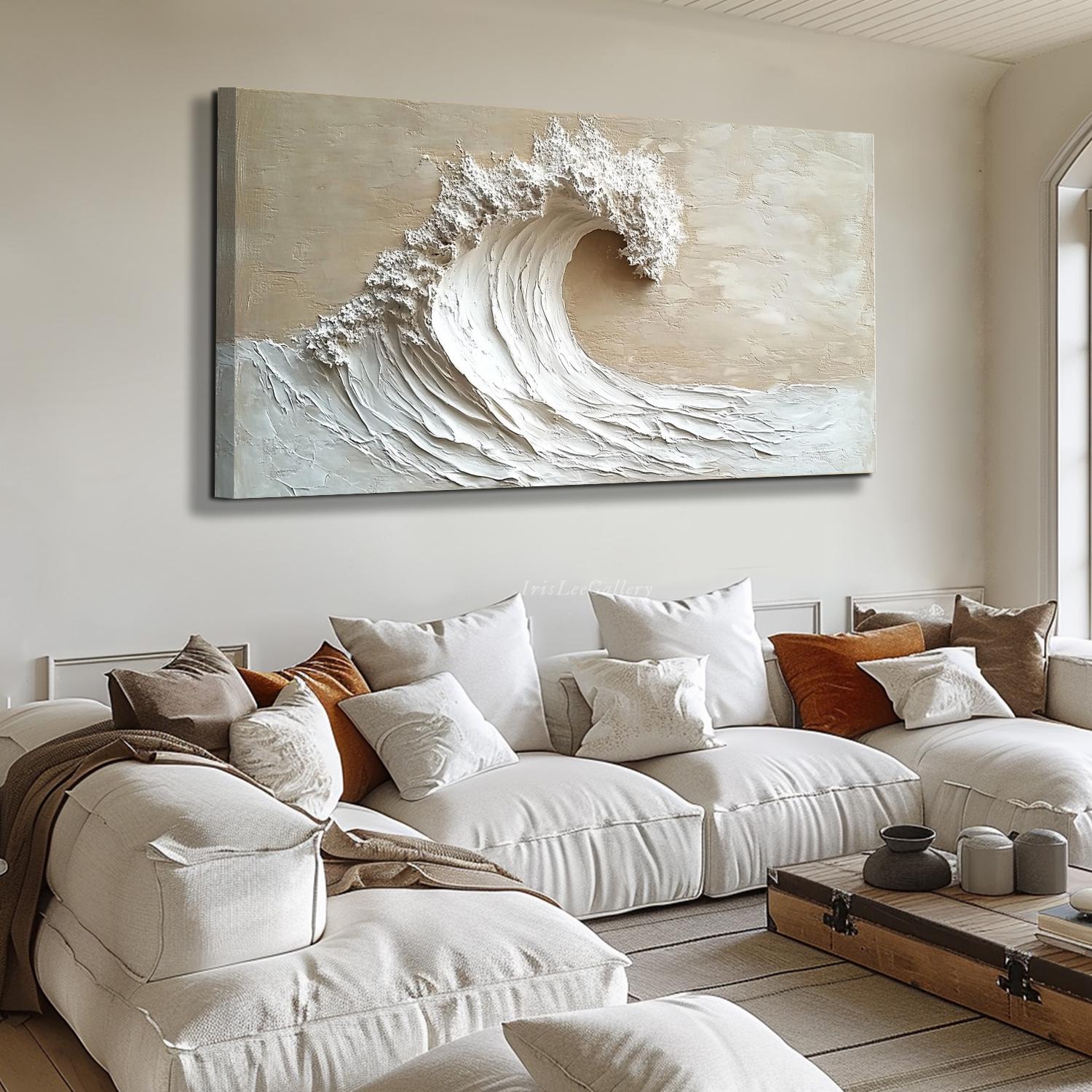 3D Textured Ocean Wave Wall Art Beige Coastal Surf Oil Painting on ...