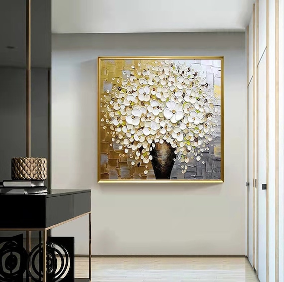 Large Original Oil Painting White Flower Vase Abstract Wall Etsy