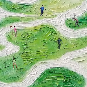 May include: A painting of a golf course with several golfers in various poses. The course is green with white sand traps and a winding stream. The golfers are wearing colorful clothing and are holding golf clubs.