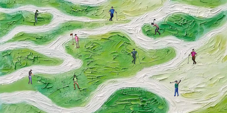 May include: A painting of a golf course with several golfers in various poses. The course is green with white sand traps and a winding stream. The golfers are wearing colorful clothing and are holding golf clubs.