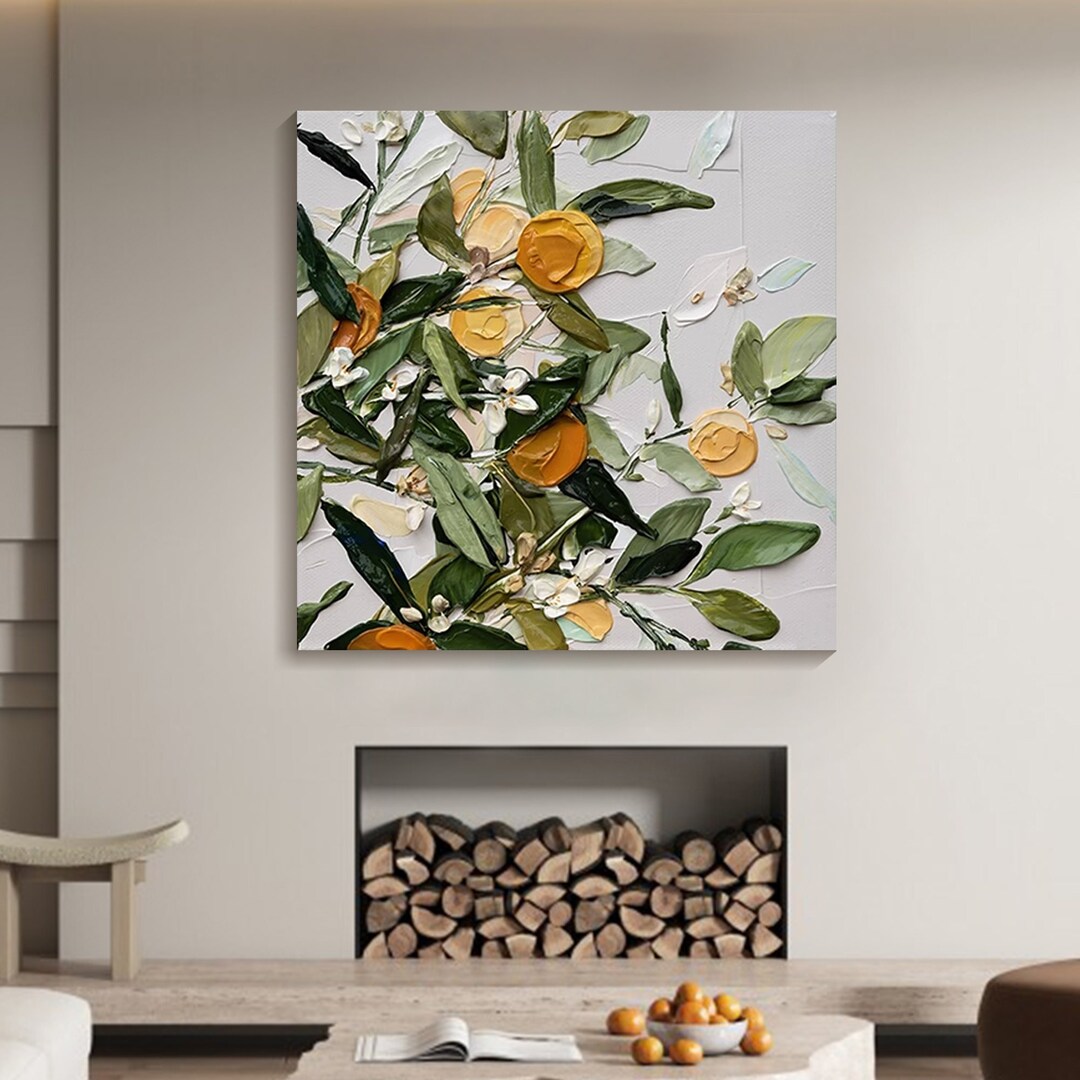 3D Harvest Painting Textured Wall Art Square Canvas Art Vibrant Orange Fruit Painting Living
