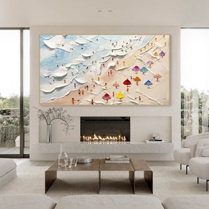 May include: A colorful painting depicting a beach scene with people and colorful umbrellas. The painting is done in a textured style, giving the impression of brushstrokes.