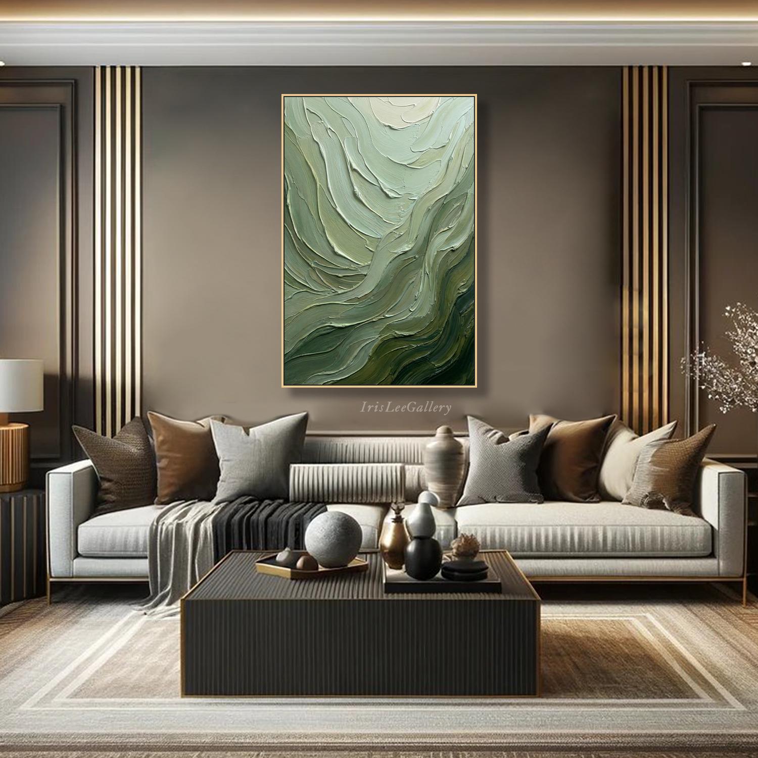 Sage Green Oil Painting on Canvas 3D Impasto Textured Wall Art Handmade ...