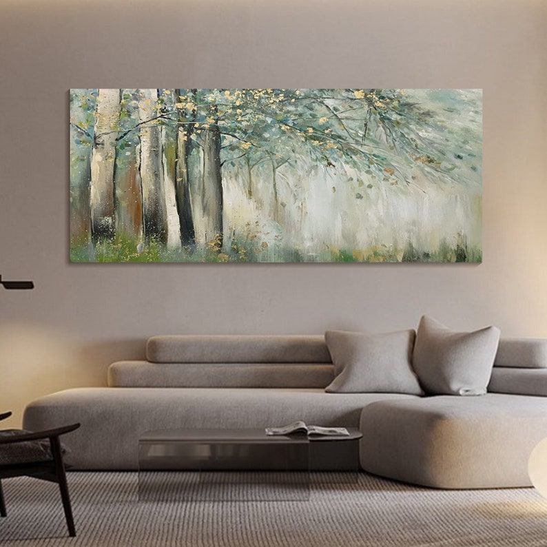 Original Green Gold Forest Painting On Canvas 3D Abstract Textured Wall Art Skyward View Trees Art Living Room Art Natural Scenery Painting image 2
