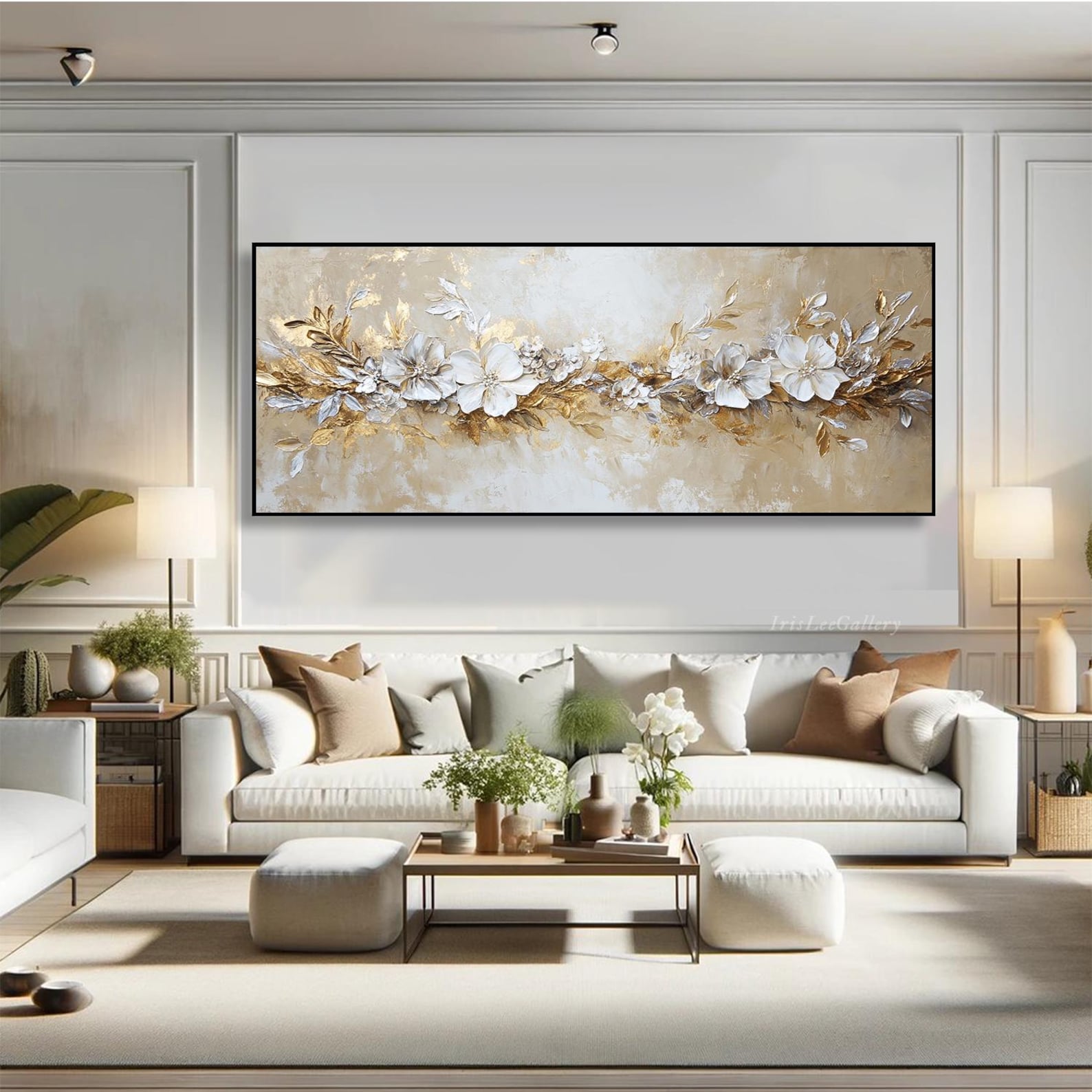 Relief Textured Metallic Flower Wall Art Luxury 3D Gold White Floral ...