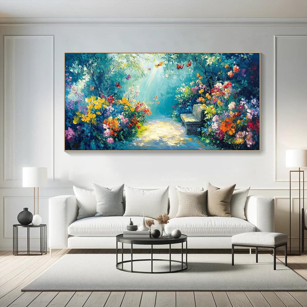 Butterfly Garden Painting on Canvas 3D Floral Pathway Textured Wall Art ...
