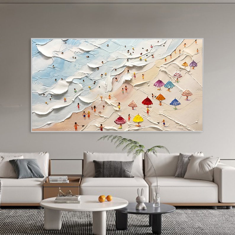 May include: A colorful abstract painting depicting a beach scene with people and umbrellas. The painting is done in a textured style with thick brushstrokes.