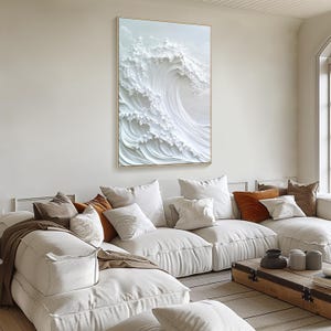 3D White Minimalist Beach Painting Textured Wall Art Ocean Wave ...