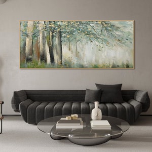 Original Green Gold Forest Painting On Canvas 3D Abstract Textured Wall Art Skyward View Trees Art Living Room Art Natural Scenery Painting image 7