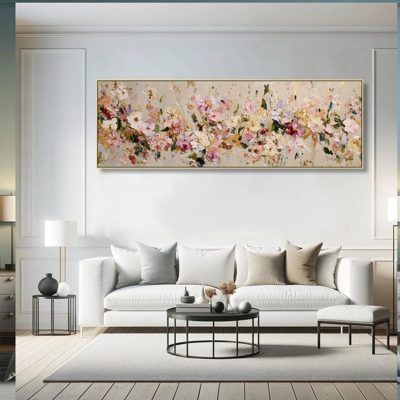 Abstract Floral Oil Painting on Canvas Textured Pink White Wall Art ...