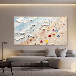 May include: A colorful abstract painting depicting a beach scene with people and colorful umbrellas. The painting is done in a textured style with thick brushstrokes.