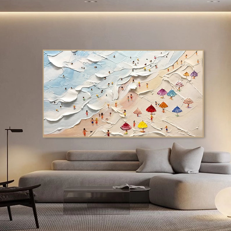 May include: A colorful abstract painting depicting a beach scene with people and colorful umbrellas. The painting is done in a textured style with thick brushstrokes.