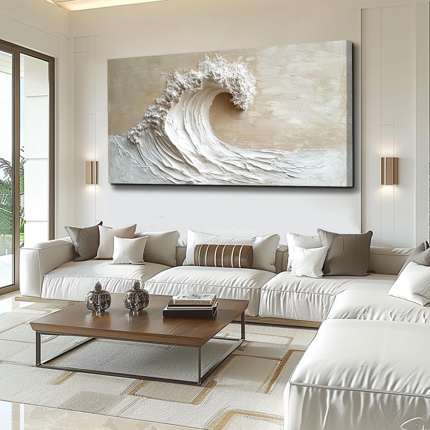 3D Textured Ocean Wave Wall Art Beige Coastal Surf Oil Painting on ...