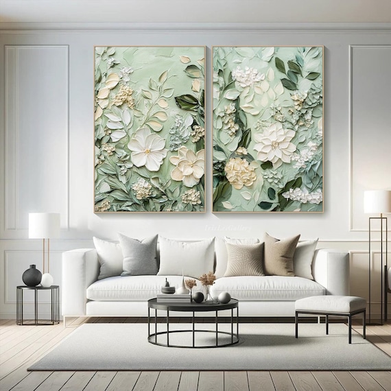 Original 3D Textured Wall Art Flower Painting on Canvas Neutral Tone Custom Wall Art Diptych Modern Floral Living Room Wall Art Fancy Art