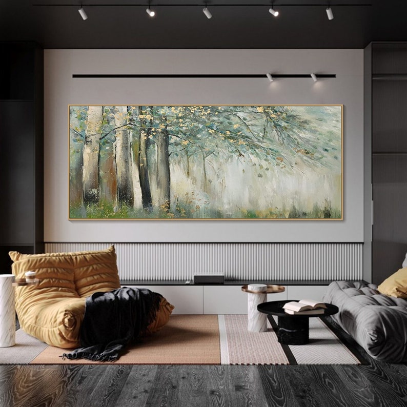 Originale verde oro foresta pittura su tela 3D astratto strutturato parete arte vista verso il cielo alberi arte soggiorno arte paesaggio naturale pittura immagine 3