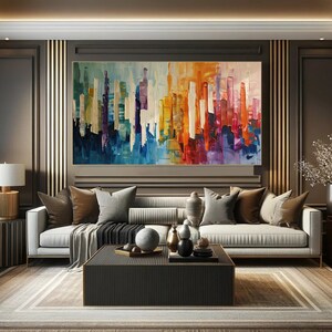 Puede incluir: Pintura abstracta de un horizonte urbano en tonos de azul, amarillo, naranja, rojo y morado. La pintura se muestra en una pared sobre un sof&aacute; gris con almohadas.