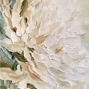 May include: An oil painting on canvas featuring thick, textured impasto brushstrokes in shades of cream, off-white, beige, and muted sage green. The composition displays layered, abstract floral petals created with heavy paint application.