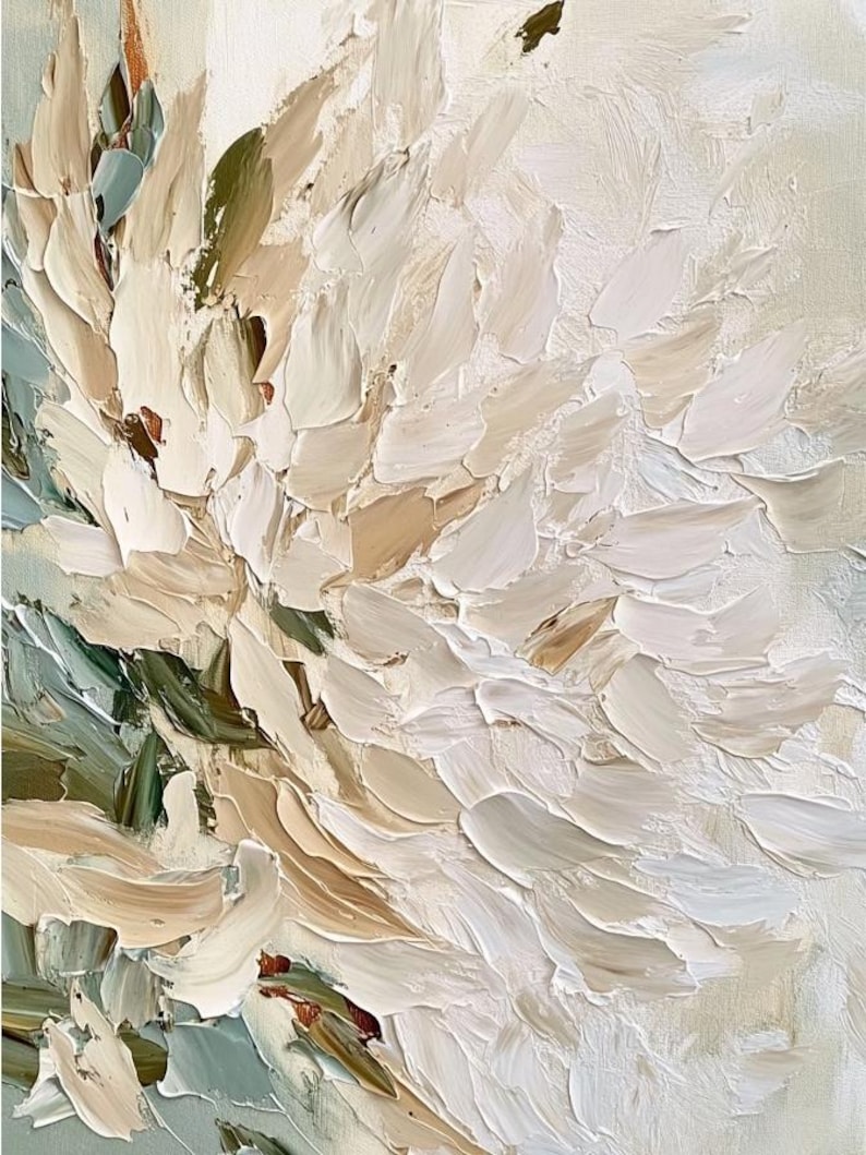 May include: An oil painting on canvas featuring thick, textured impasto brushstrokes in shades of cream, off-white, beige, and muted sage green. The composition displays layered, abstract floral petals created with heavy paint application.