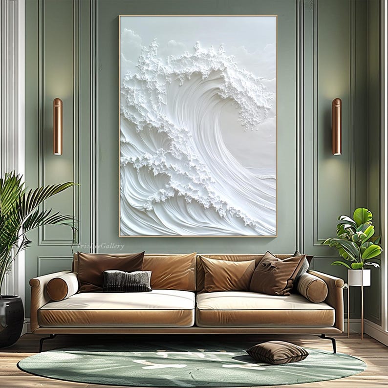 3D White Minimalist Beach Painting Textured Wall Art Ocean Wave ...