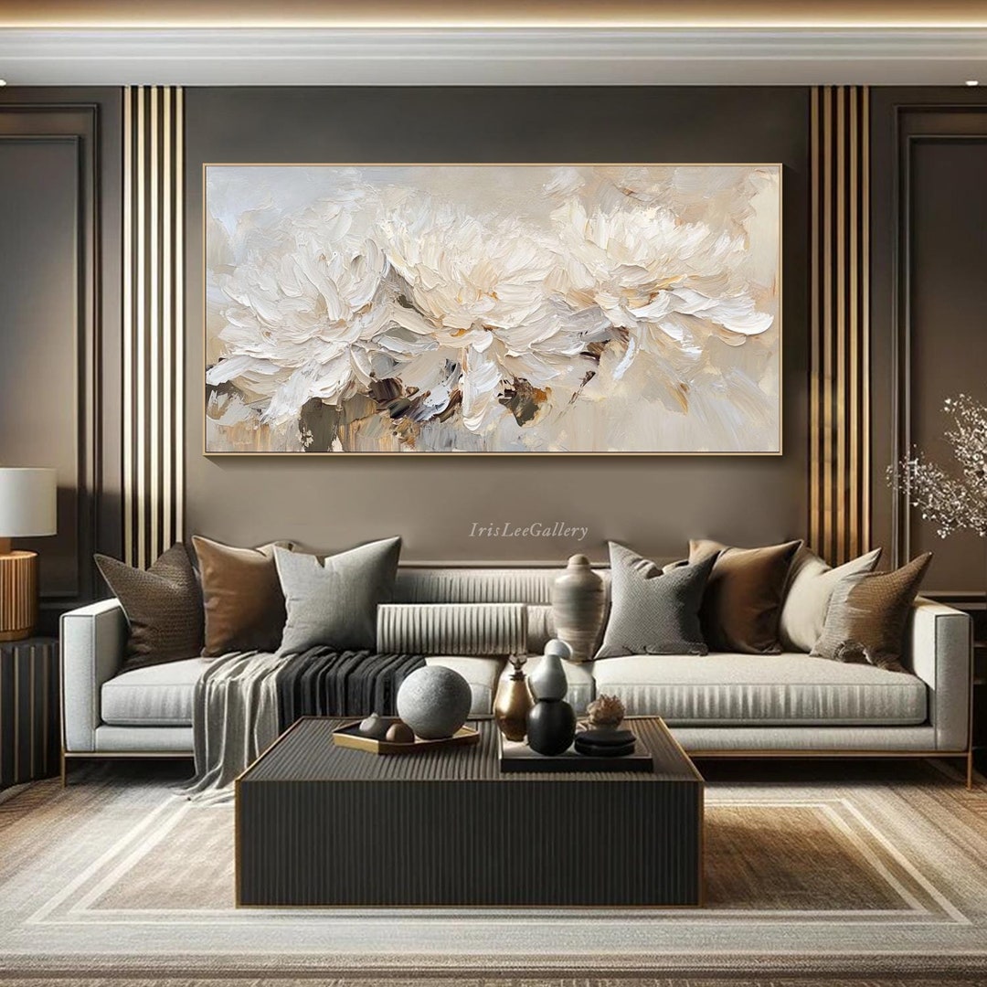 White Flower Oil Painting on Canvas 3D Textured Floral Wall Art Neutral ...