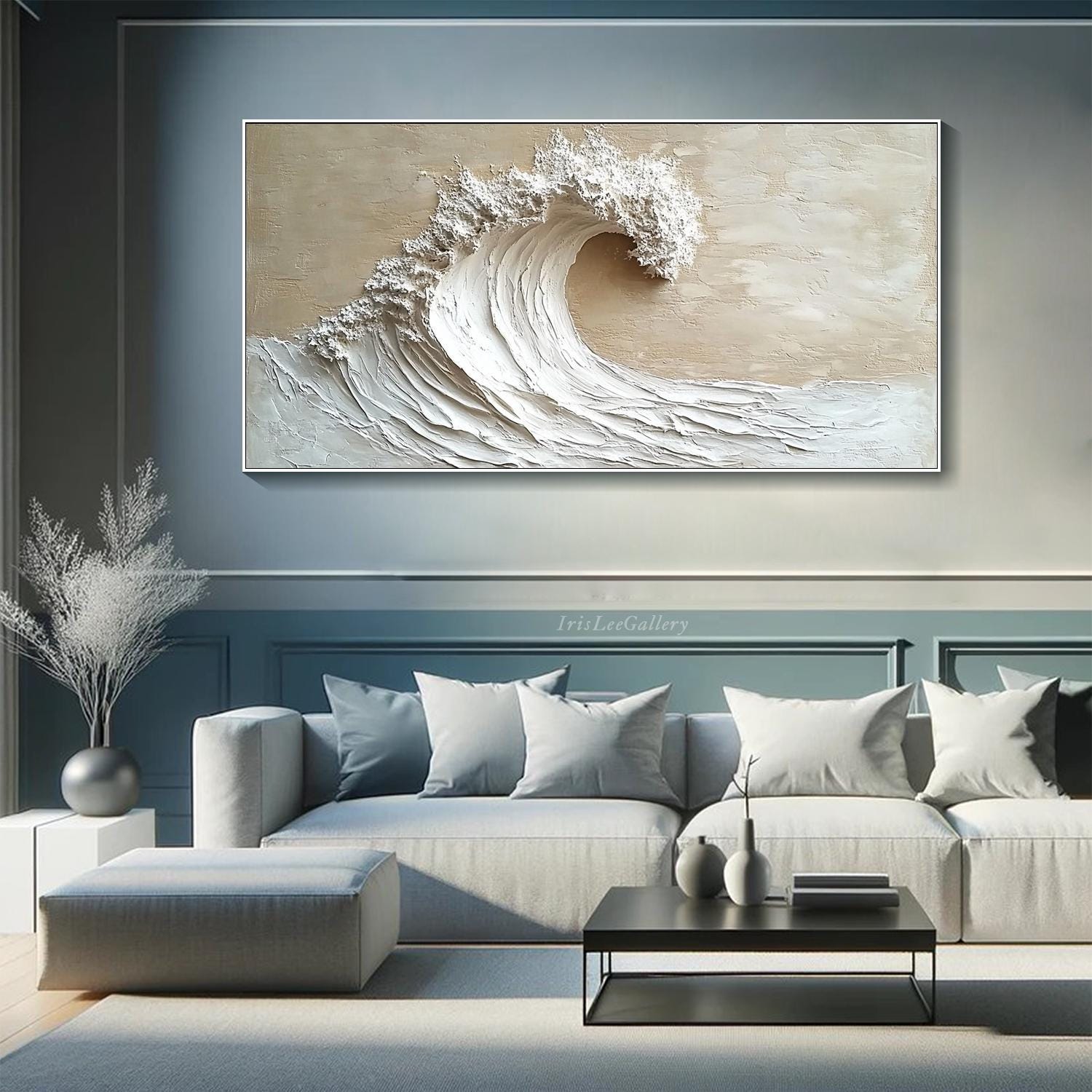 3D Textured Ocean Wave Wall Art Beige Coastal Surf Oil Painting on ...