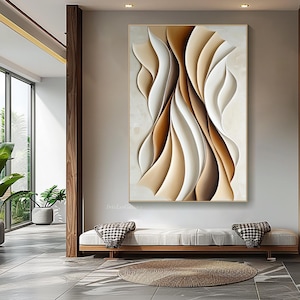 May include: Abstract wall art print featuring a modern design with flowing lines in shades of brown, beige, and white.
