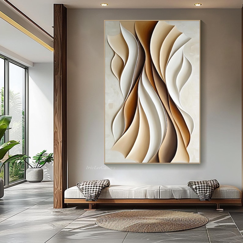 May include: Abstract wall art print featuring a modern design with flowing lines in shades of brown, beige, and white.