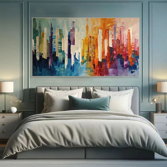 Abstract Colorful Cityscape Painting on Canvas Large 3D Textured Skyline Wall Art Contemporary City Painting Vibrant Living Room Wall Art