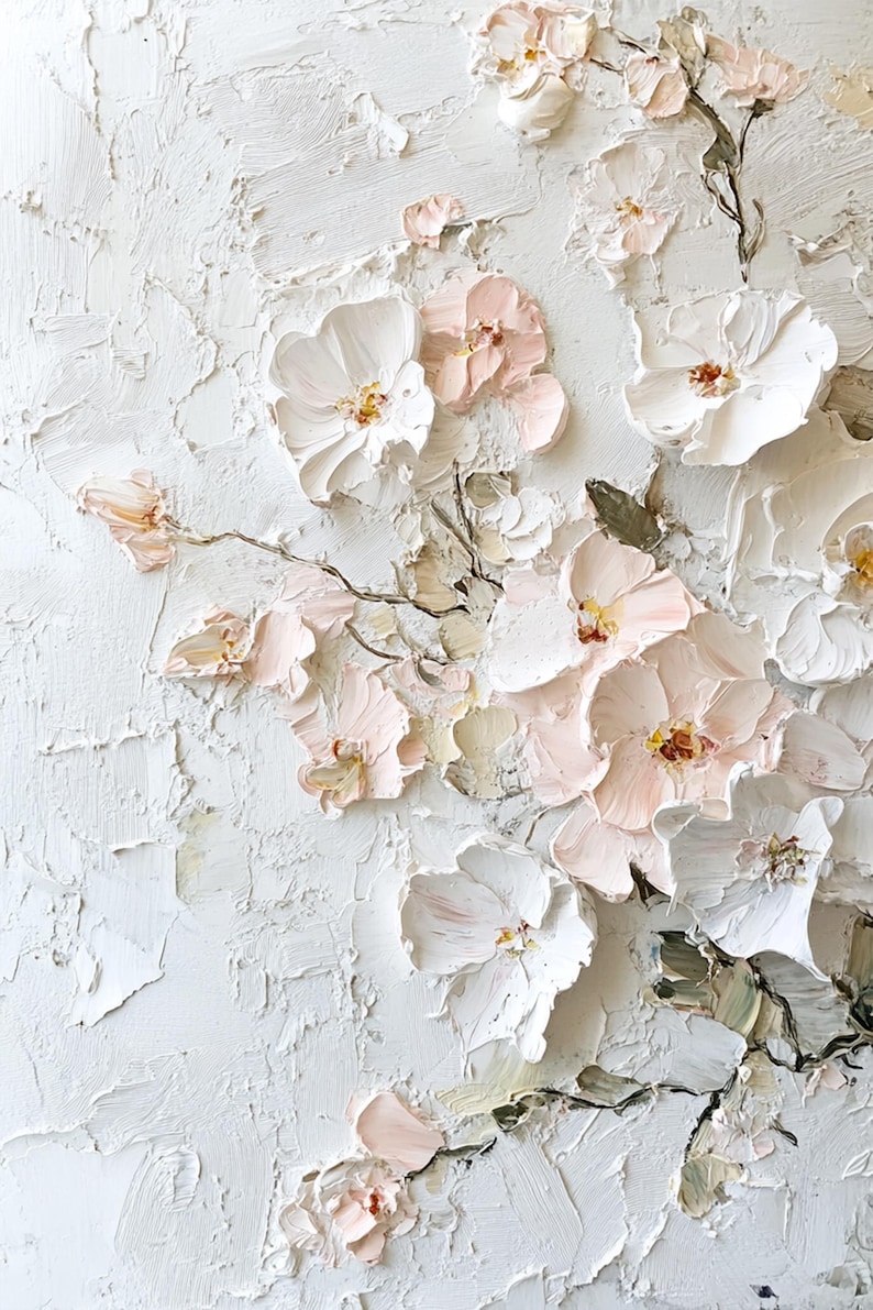 Original 3D Textured Wall Art Flower Painting on Canvas Neutral Tone