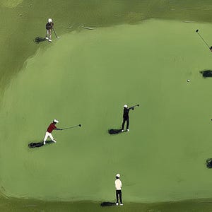 May include: An overhead view of a golf course with several golfers in action. The green course contrasts with the white and red attire of the players. The painting style gives a textured look to the scene, with long shadows.