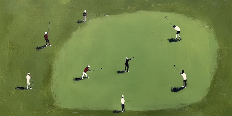 May include: An overhead view of a golf course with several golfers in action. The green course contrasts with the white and red attire of the players. The painting style gives a textured look to the scene, with long shadows.