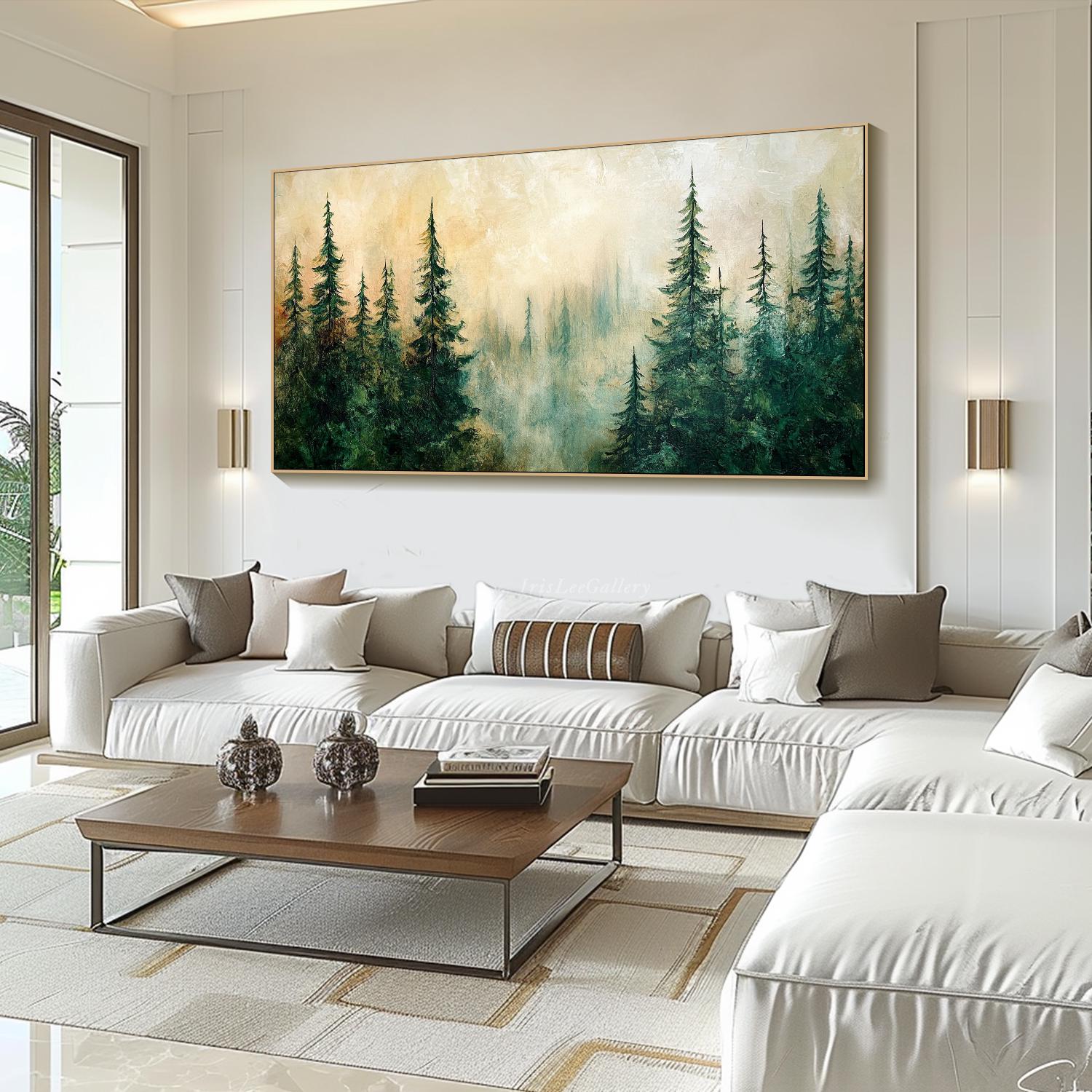 Misty Forest Painting on Canvas 3D Textured Evergreen Tree Wall Art ...