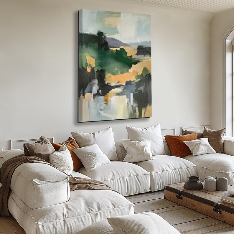 Abstract Landscape Oil Painting on Canvas Set of 2 Green and Gold ...