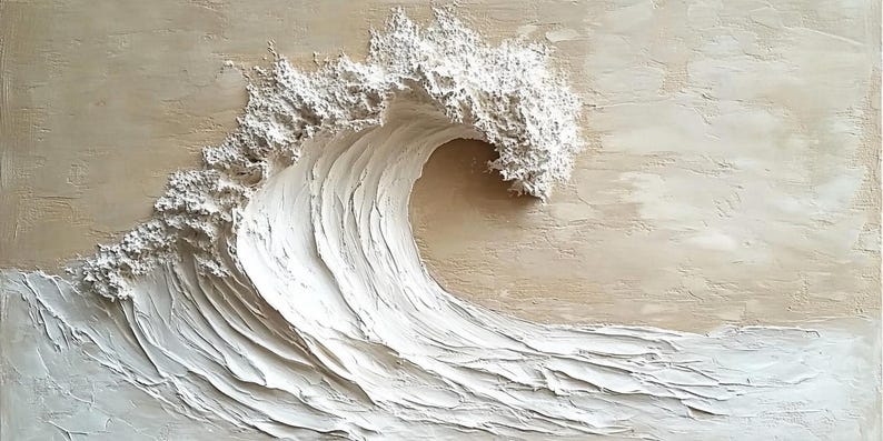 3D Textured Ocean Wave Wall Art Beige Coastal Surf Oil Painting on ...