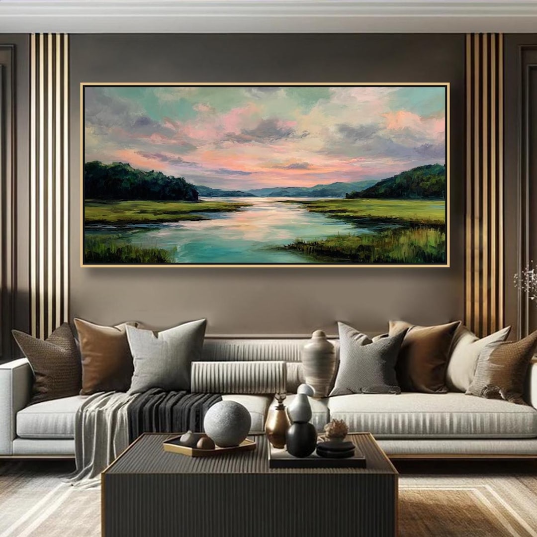 Sunset River Oil Painting on Canvas Sky Textured Wall Art Large Impasto ...