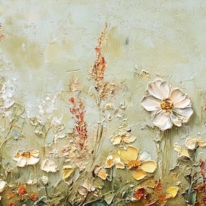 May include: A textured painting of wildflowers in a field. The artwork features a variety of flowers in shades of yellow, orange, and white, with green foliage. The background is a muted green, creating a serene and natural scene.
