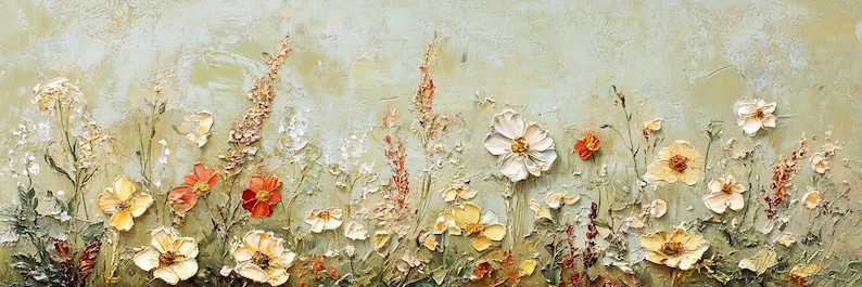May include: A textured painting of wildflowers in a field. The artwork features a variety of flowers in shades of yellow, orange, and white, with green foliage. The background is a muted green, creating a serene and natural scene.