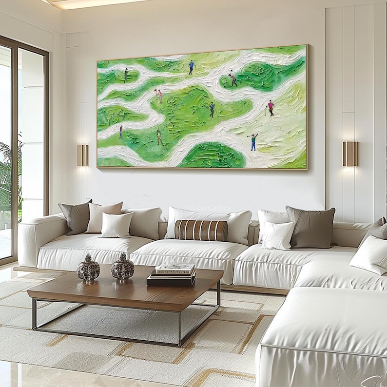 May include: A painting of a golf course with people playing golf. The painting is done in a textured style with green, white, and brown colors.