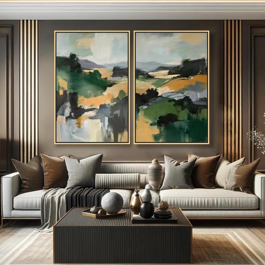 Abstract Landscape Oil Painting on Canvas Set of 2 Green and Gold ...