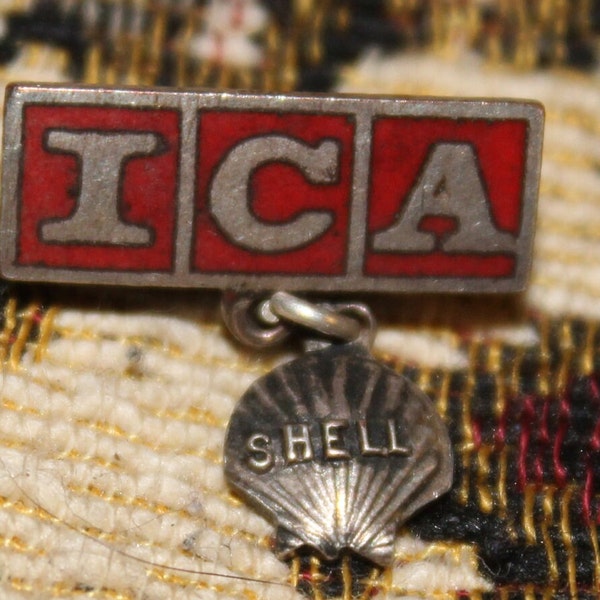 Vintage shell oil enamel brooch - ICA gasoline ignition control additive employee badge CA 1950