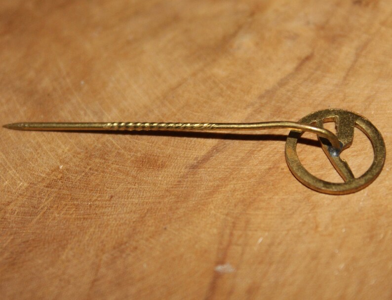 May include: A gold-colored pin with a circular design featuring a stylized letter 'R' inside. The pin has a twisted metal stem.