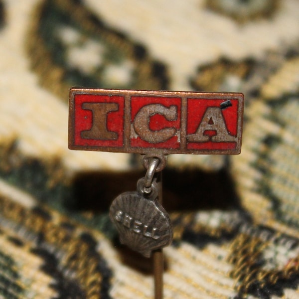 Vintage shell oil enamel pin - ICA gasoline ignition control additive advertising CA 1950