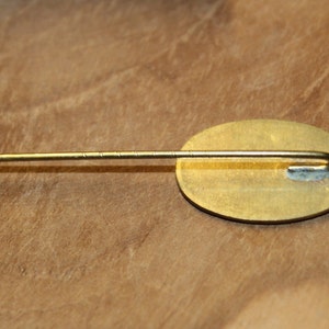 May include: The back of a gold oval-shaped pin with a pin back. The pin is on a wooden surface.