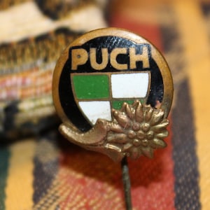 Vintage 1950&#39;s Puch edelweiss emblem pin - moped enamel advertising badge