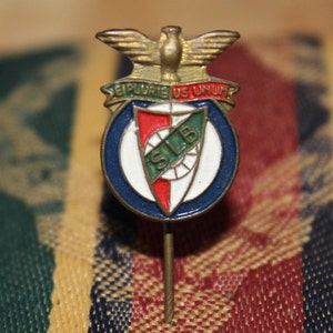 Pode incluir: Um broche de esmalte vintage com o logotipo do Sport Lisboa e Benfica, um clube de futebol português. O logotipo é um escudo com um design vermelho e verde, rodeado por um círculo azul com as iniciais do clube "SLB" em branco. O broche é coroado por uma águia dourada com as asas abertas e o lema "E Pluribus Unum" em latim.