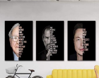 3 citas motivacionales de Buffet, Jobs y Musk | Lienzo | Arte de pared | Oficina y hogar | Empresario | Negocios | Dinero